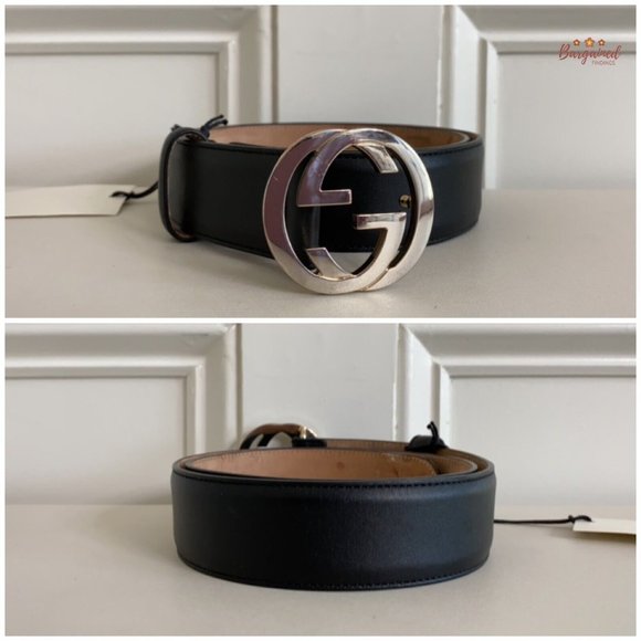 Authentic Gucci Black Calfskin Leather Silver Interlocking G Buckle Belt 75/30 main image 5